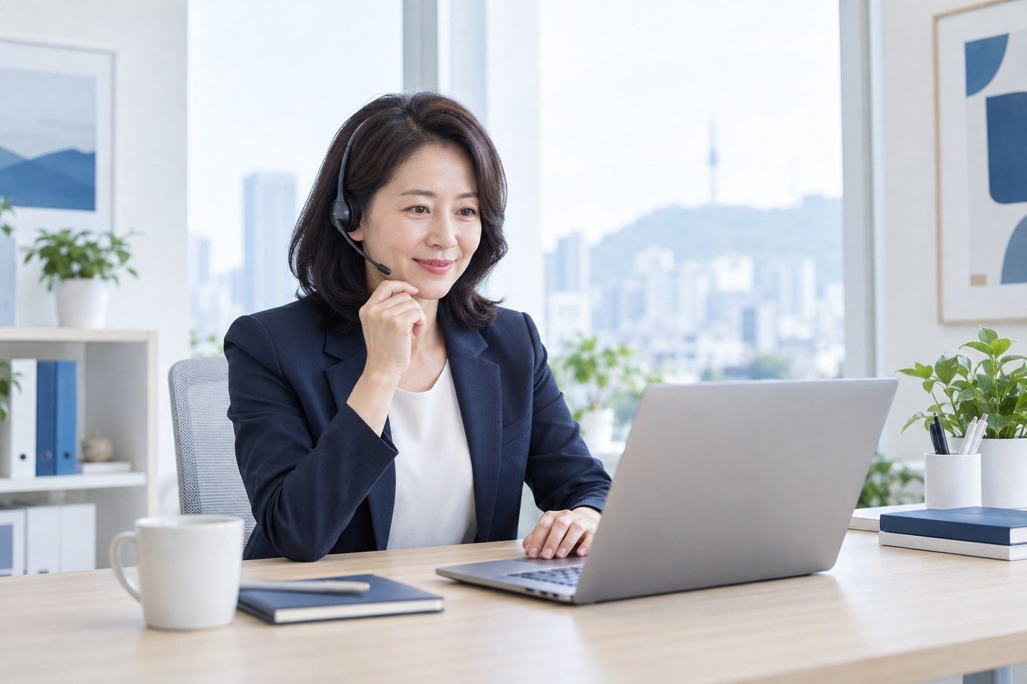 노트북 화면을 확인하며 상담을 준비하는 여성 — 무선카드단말기 신청 견적견적, 가입비는 0원이에요. 연락 주시면 견적을 같은 칸에 놓고 짚어 드려요.
